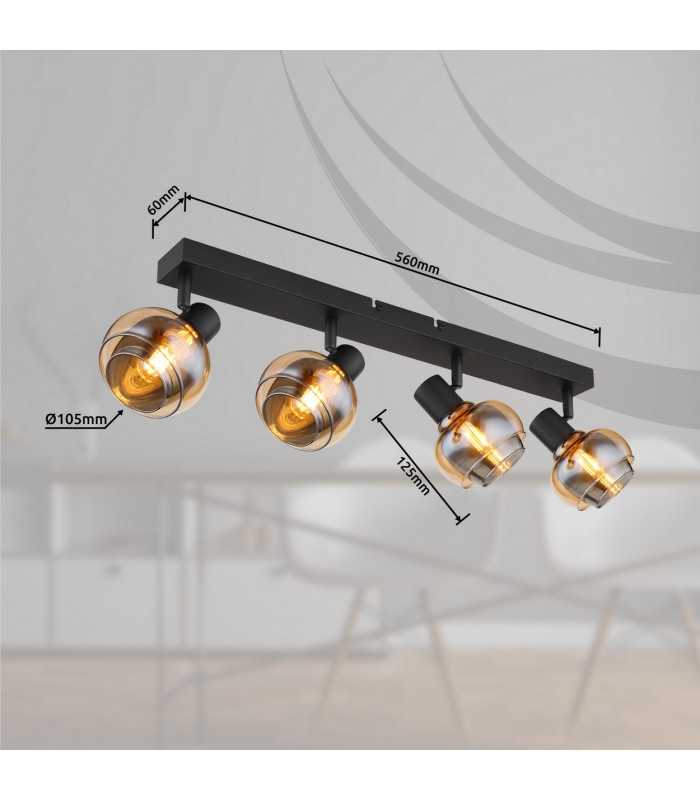 Tokki Ceiling Spotlight Bar Matt Black Amber Glass Shade 4x E14-9