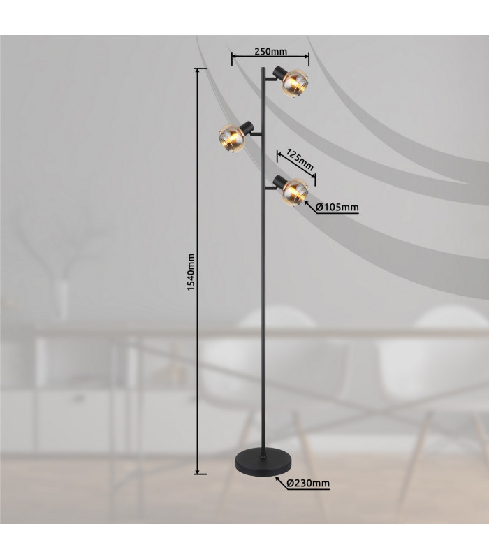 Tokki Multi Arm Floor Lamp Matt Black Amber Glass Shade 3x E14-7