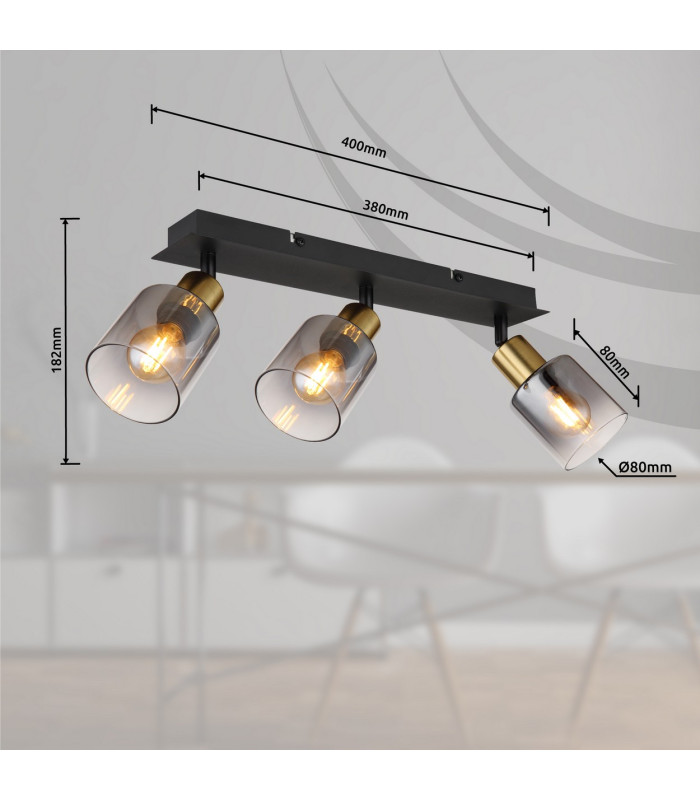 Hollsy Ceiling Spotlight Bar Matt Black Smoke Glass Shade 3x E14-8
