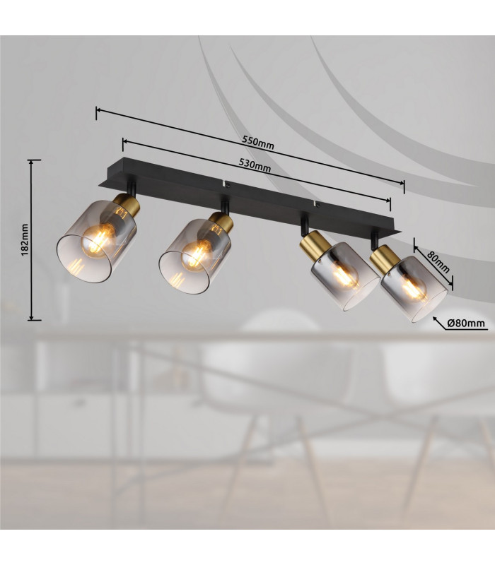 Hollsy Ceiling Spotlight Bar Matt Black Smoke Glass Shade 4x E14-9
