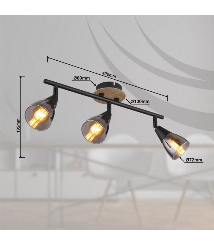 Mubby Ceiling Spotlight Bar Matt Black Smoke Glass Shade 3x E14-6