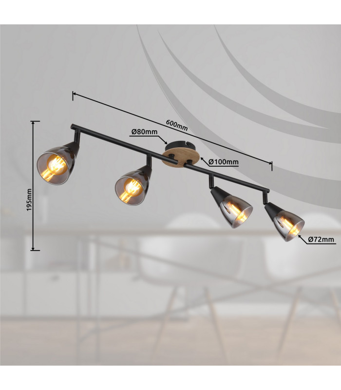 Mubby Ceiling Spotlight Bar Matt Black Smoke Glass Shade 4x E14-7