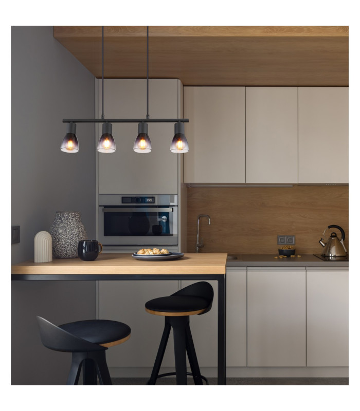 Satella Bar Pendant Ceiling Light Matt Black Smoke Glass Shade 4x E14-7