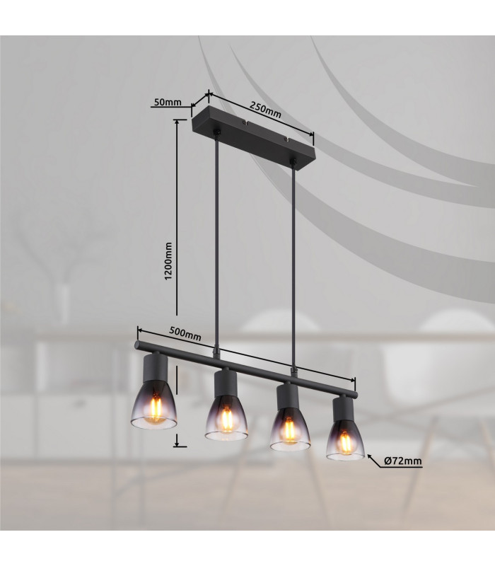 Satella Bar Pendant Ceiling Light Matt Black Smoke Glass Shade 4x E14-8