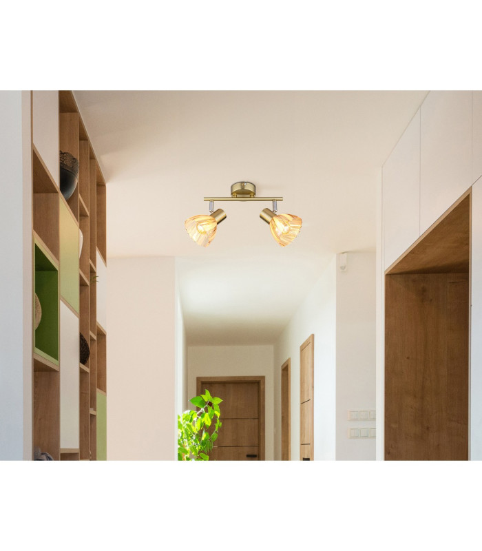 Zachery Twin Ceiling Spotlight Brass-Coloured Matt Amber Glass Shade 2x E14-8