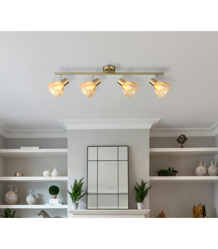 Zachery Ceiling Spotlight Bar Brass-Coloured Matt Amber Glass Shade 4x E14-9