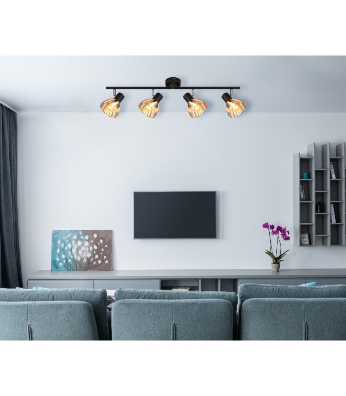 Zachery Ceiling Spotlight Bar Matt Black Smoke Glass Shade 4x E14-8