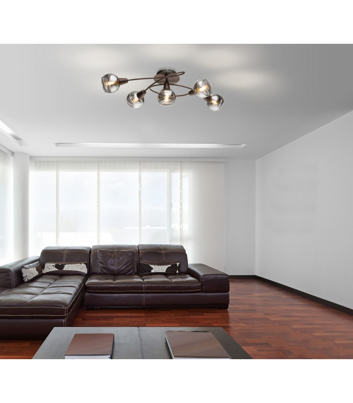 Isla Multi Arm Semi Flush Ceiling Lamp Bronze Colored Glass Shade 5x E14 3000K-3