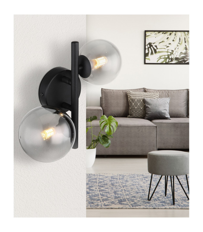 Riha Globe Wall Lights Matt Black Smoke Glass Shade 2x G9 3000K-4