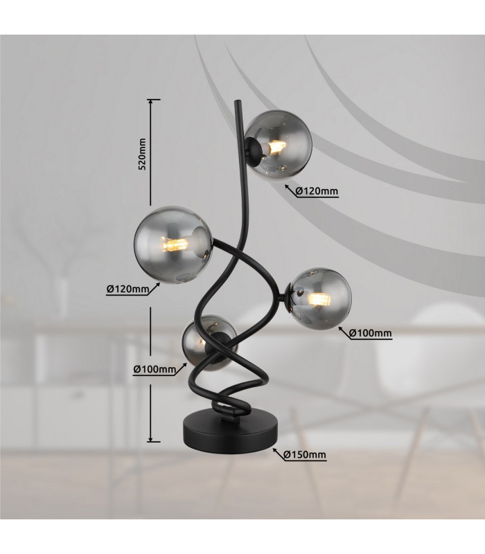 Riha Globe Table Lamp Matt Black Smoke Glass Shade 4x G9 3000K-5