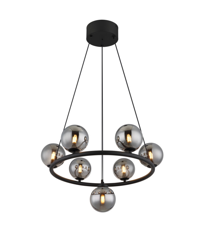 Riha Globe Pendant Ceiling Light Matt Black Balls Smoke Glass Shade 7x G9 3000K-1