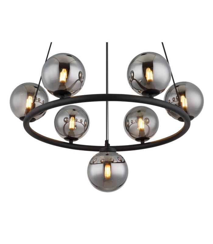 Riha Globe Pendant Ceiling Light Matt Black Balls Smoke Glass Shade 7x G9 3000K-3