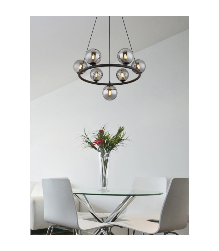 Riha Globe Pendant Ceiling Light Matt Black Balls Smoke Glass Shade 7x G9 3000K-4