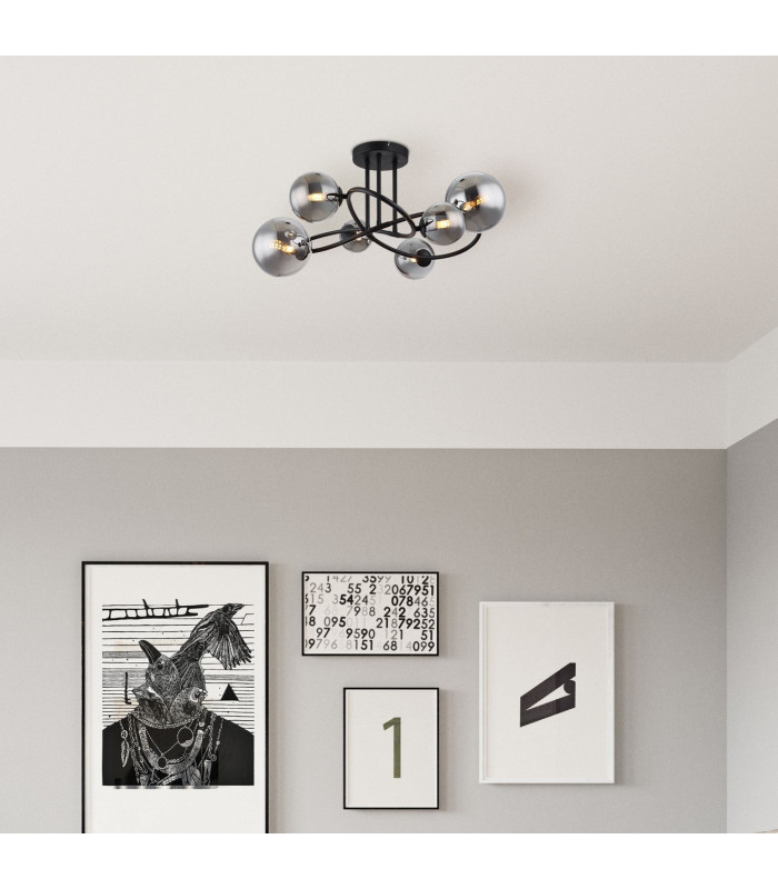 Riha Multi Arm Semi Flush Ceiling Lamp Matt Black Smoke Glass Shade 6x G9 3000K-6