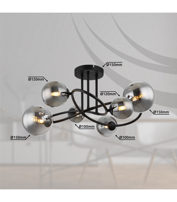 Riha Multi Arm Semi Flush Ceiling Lamp Matt Black Smoke Glass Shade 6x G9 3000K-8