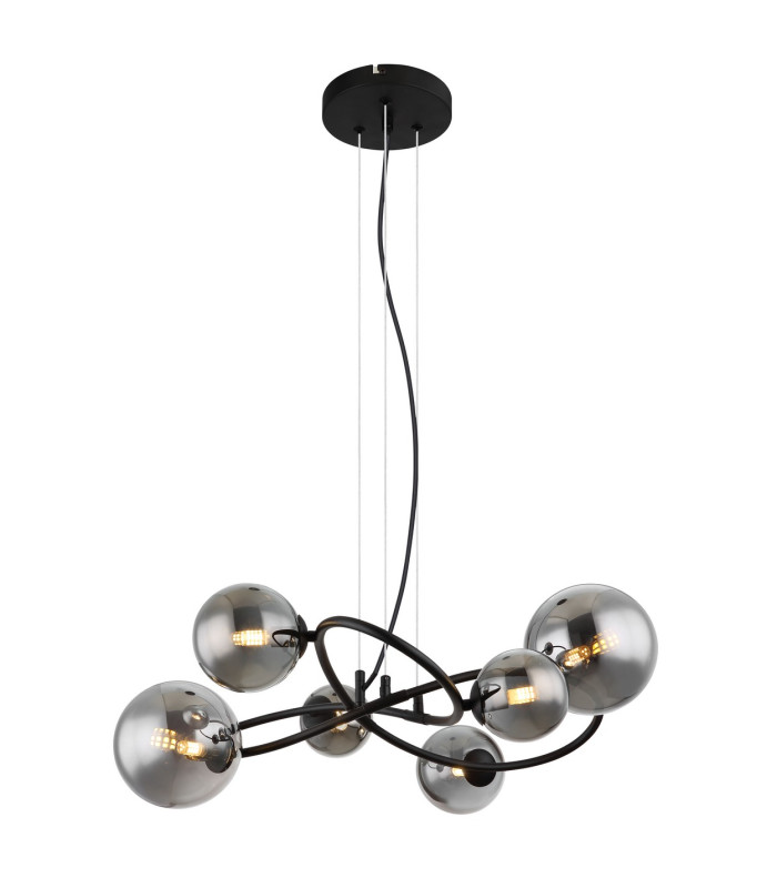 Riha Globe Pendant Ceiling Light Matt Black Smoke Glass Shade 6x G9 3000K-1