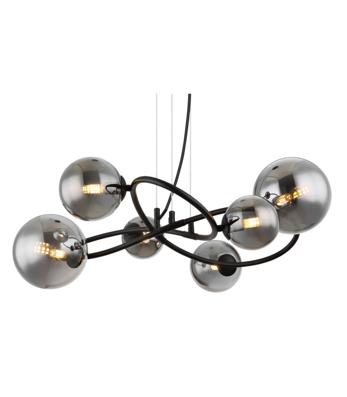 Riha Globe Pendant Ceiling Light Matt Black Smoke Glass Shade 6x G9 3000K-3