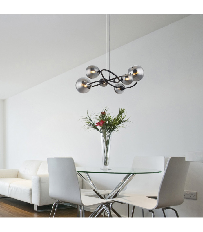 Riha Globe Pendant Ceiling Light Matt Black Smoke Glass Shade 6x G9 3000K-4