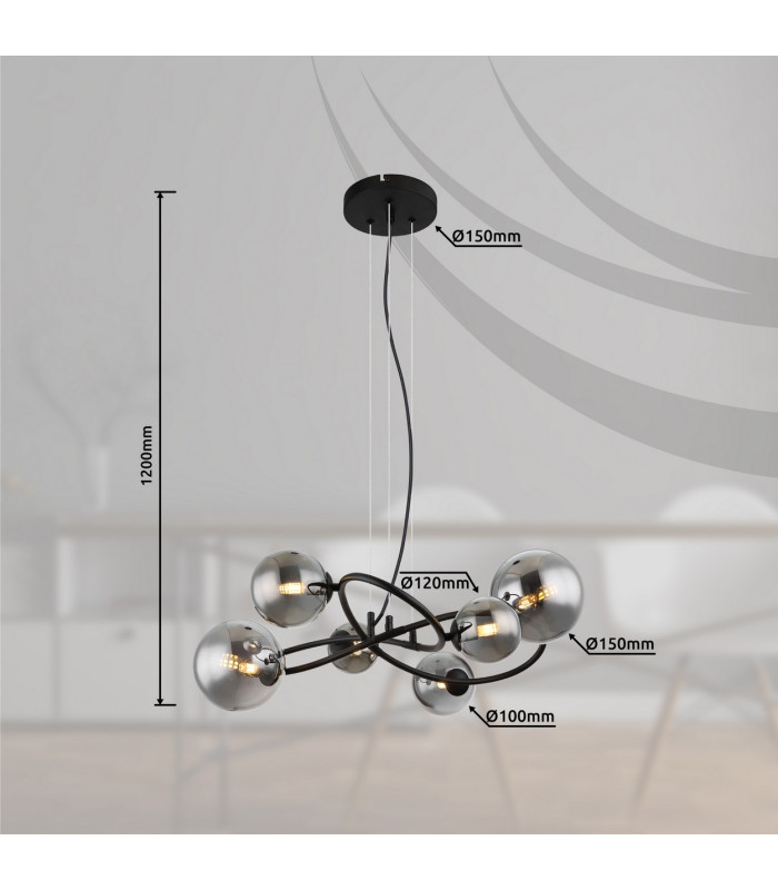 Riha Globe Pendant Ceiling Light Matt Black Smoke Glass Shade 6x G9 3000K-5