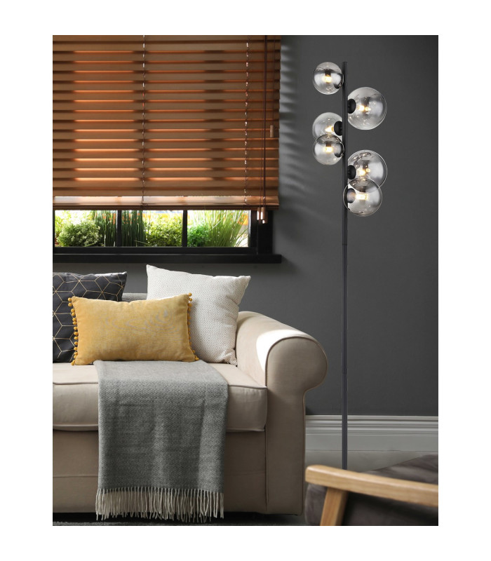Riha Multi Arm Floor Lamp Matt Black Smoke Glass Shade 6x G9 3000K-6