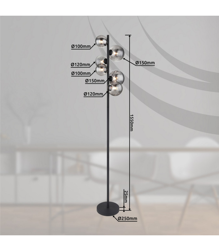 Riha Multi Arm Floor Lamp Matt Black Smoke Glass Shade 6x G9 3000K-8