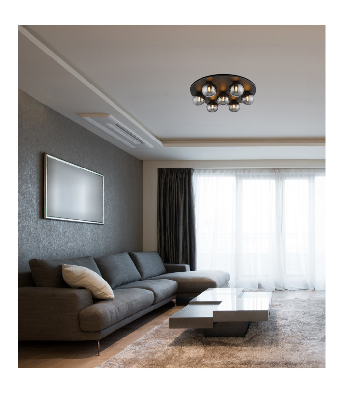 Riha Globe Ceiling Light Matt Black Balls Smoke Glass Shade 7x G9 3000K-3