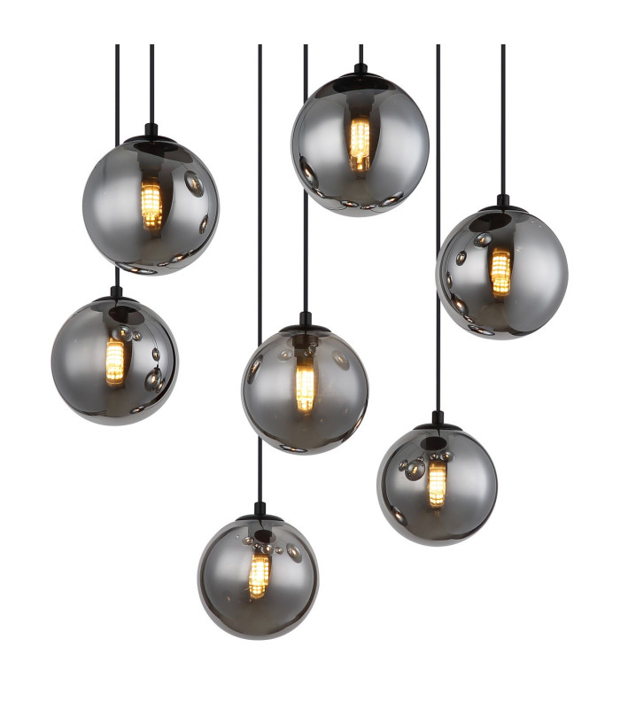 Riha Cluster Pendant Ceiling Light Matt Black Balls Smoke Glass Shade 7x G9 3000K-3