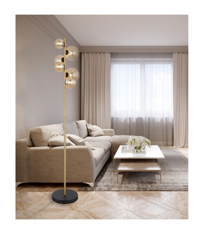 Riha Multi Arm Floor Lamp Matt Black Amber Glass Shade 6x G9 3000K-6