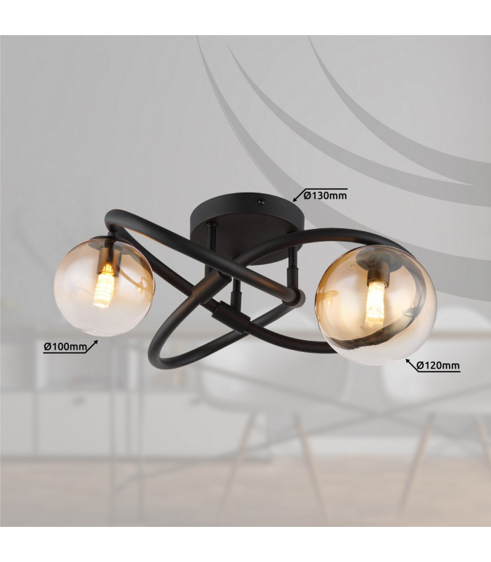 Tuberius Multi Arm Semi Flush Ceiling Lamp Matt Black Amber Glass Shade 2x G9 3000K-5