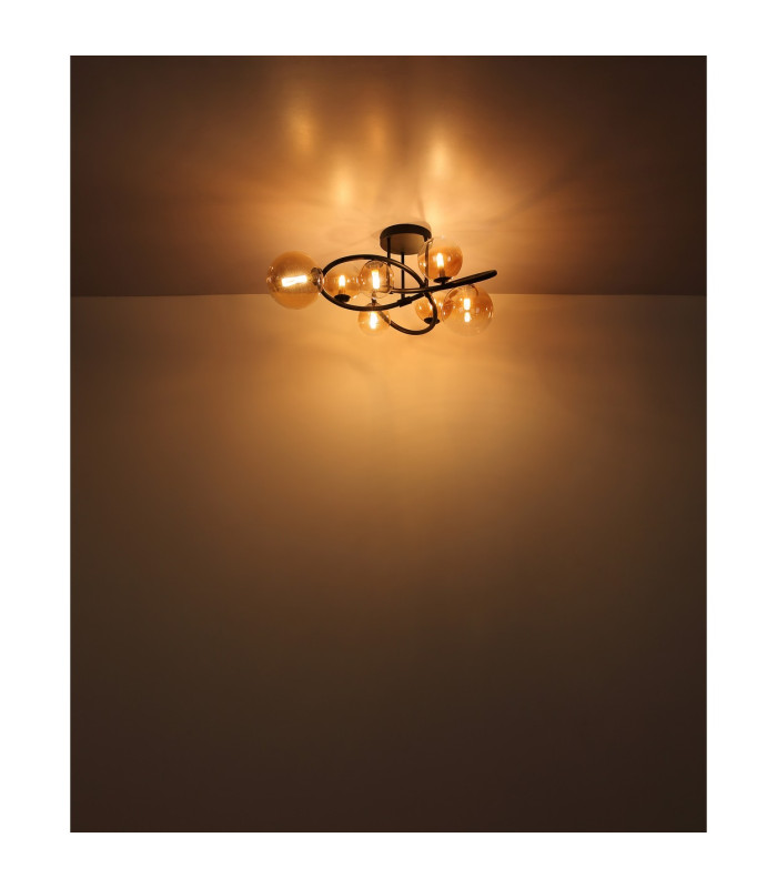 Tuberius Multi Arm Semi Flush Ceiling Lamp Matt Black Amber Glass Shade 7x G9 3000K-4