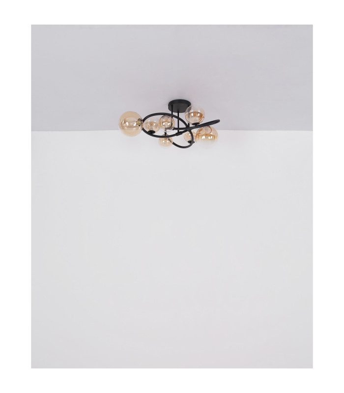 Tuberius Multi Arm Semi Flush Ceiling Lamp Matt Black Amber Glass Shade 7x G9 3000K-6