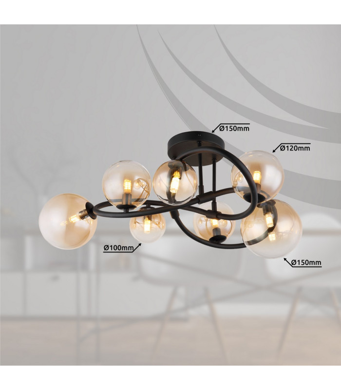 Tuberius Multi Arm Semi Flush Ceiling Lamp Matt Black Amber Glass Shade 7x G9 3000K-8