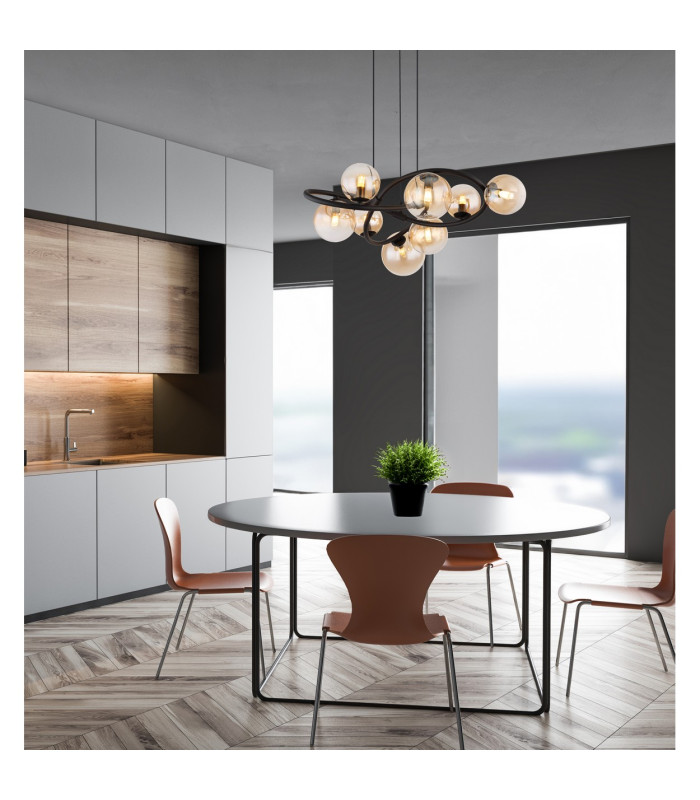 Tuberius Globe Pendant Ceiling Light Matt Black Amber Glass Shade 8x G9 3000K-6