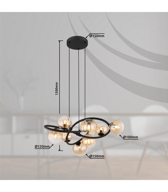 Tuberius Globe Pendant Ceiling Light Matt Black Amber Glass Shade 8x G9 3000K-7