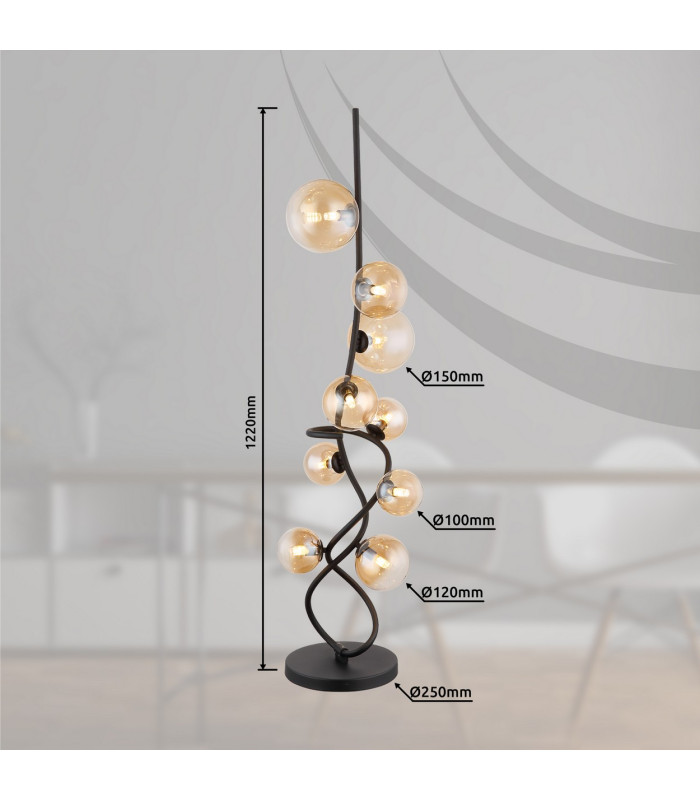 Tuberius Floor Lamp Matt Black Amber Glass Shade 9x G9 3000K-7