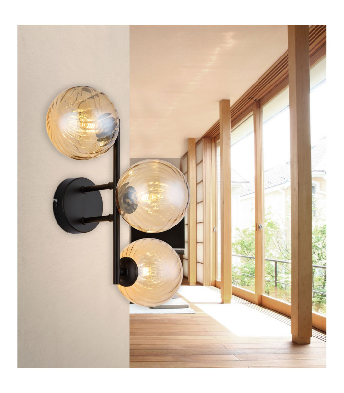 Conor Globe Wall Lights Matt Black Balls Amber Glass Shade 3x G9-6