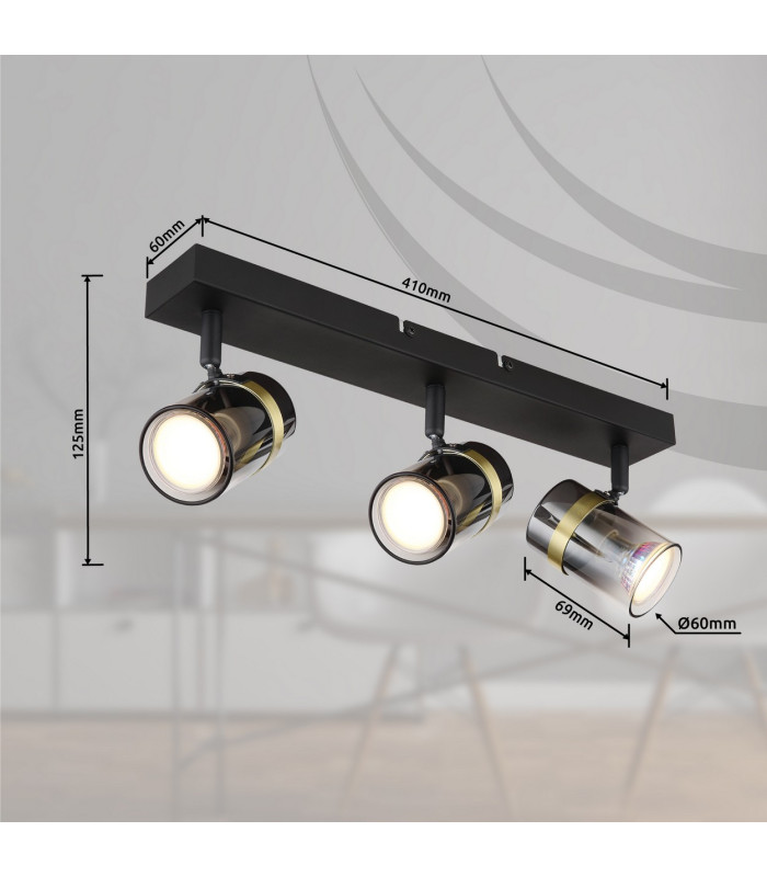 Trabby Ceiling Spotlight Bar Matt Black Smoke Glass Shade 3x GU10-11