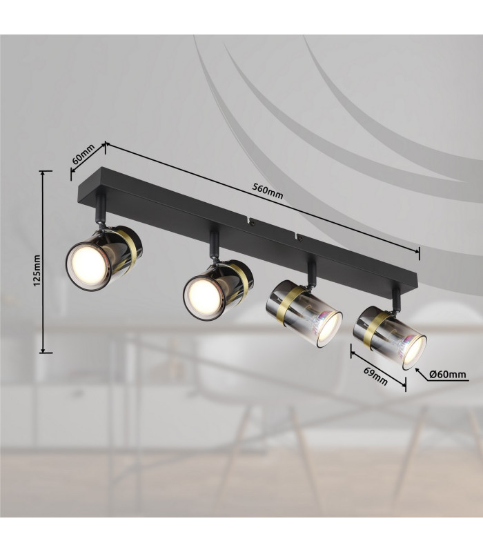 Trabby Ceiling Spotlight Bar Matt Black Smoke Glass Shade 4x GU10-12