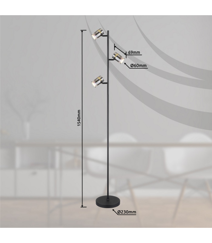 Trabby Multi Arm Floor Lamp Matt Black Smoke Glass Shade 3x GU10-10