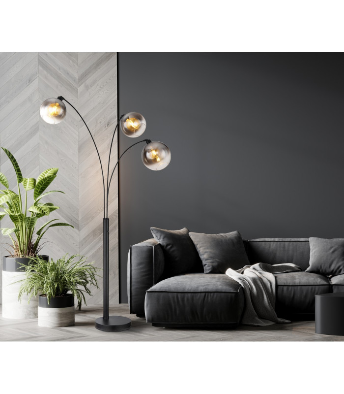 Newcastle Multi Arm Floor Lamp Matt Black Smoke Glass Shade 3x E27-8