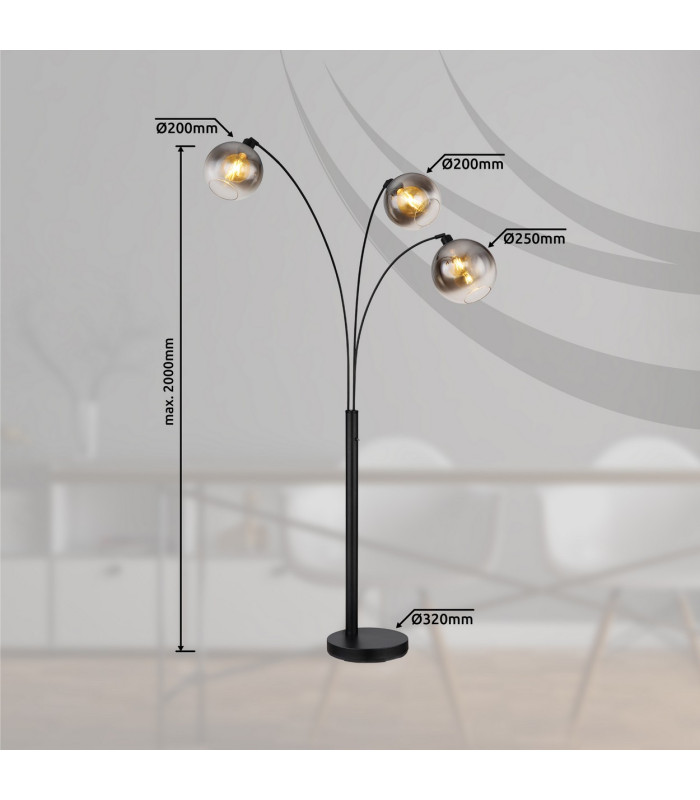 Newcastle Multi Arm Floor Lamp Matt Black Smoke Glass Shade 3x E27-9