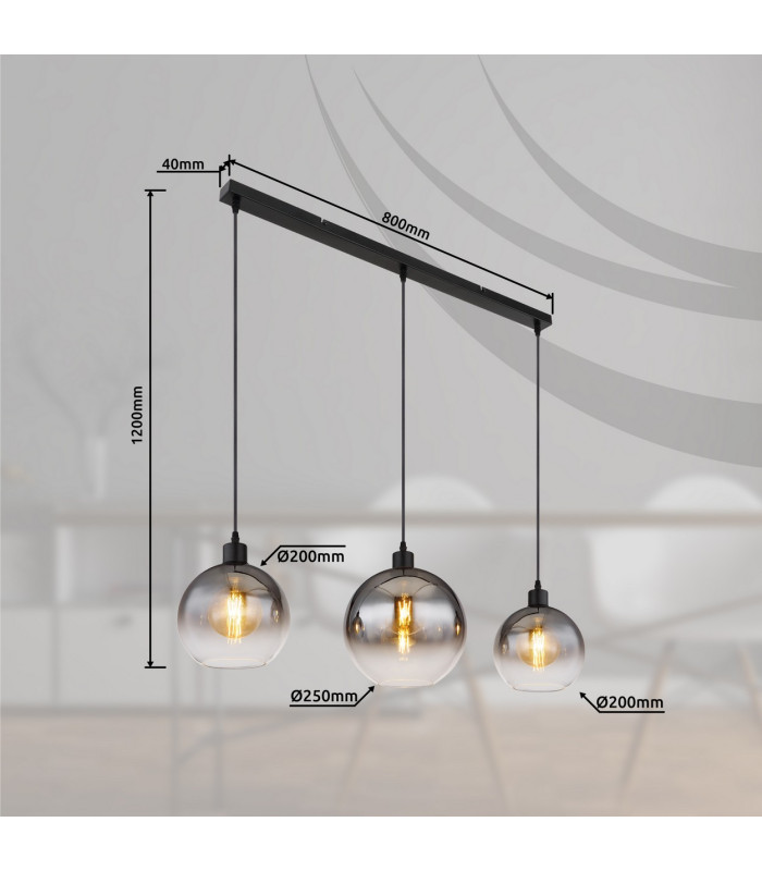 Newcastle Bar Pendant Ceiling Light Matt Black Smoke Glass Shade 3x E27-10