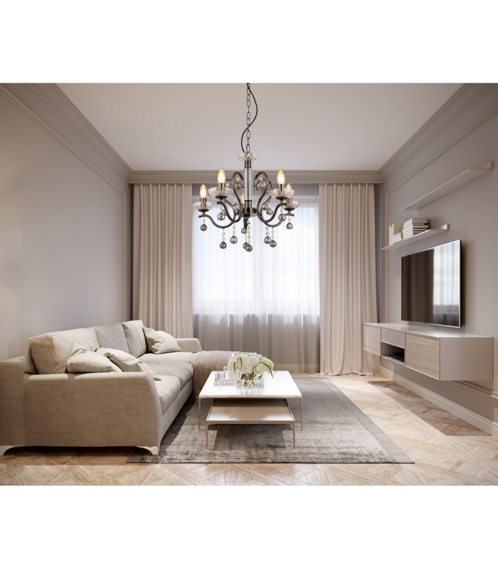 Camila Pendant Ceiling Light Gunmetal Crystals Clear Glass Shade 5x E14-5