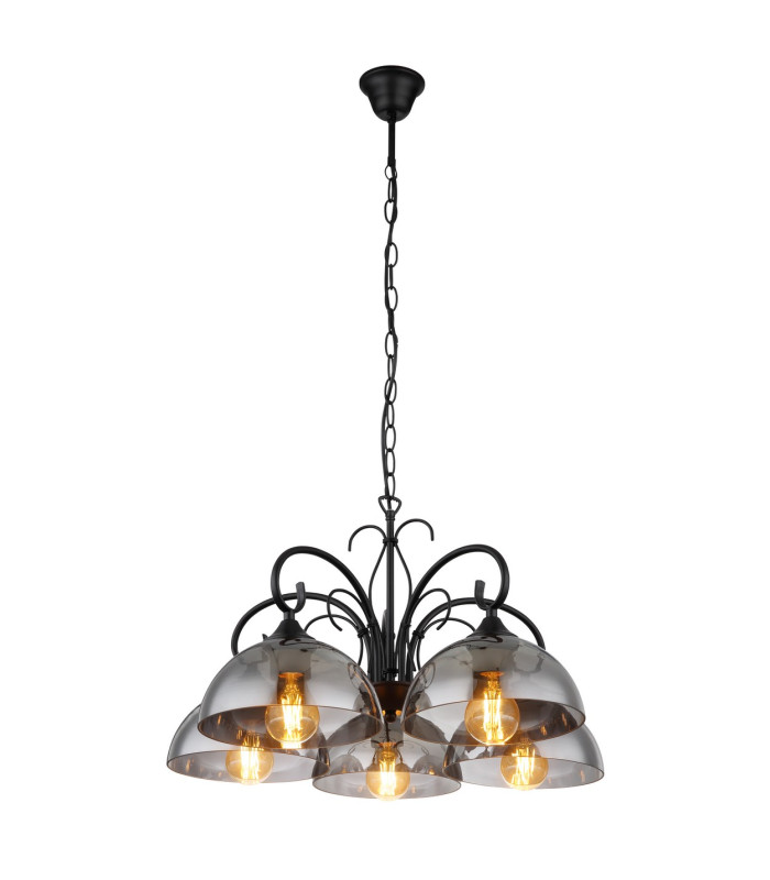 Cottage Multi Arm Pendant Ceiling Light Matt Black Smoke Glass Shade 5x E27-1
