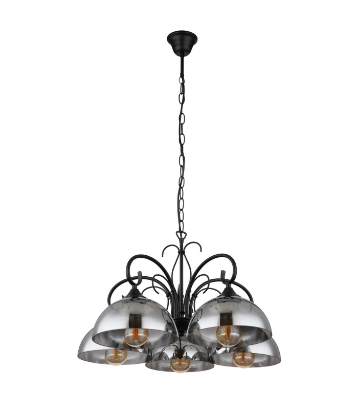 Cottage Multi Arm Pendant Ceiling Light Matt Black Smoke Glass Shade 5x E27-2