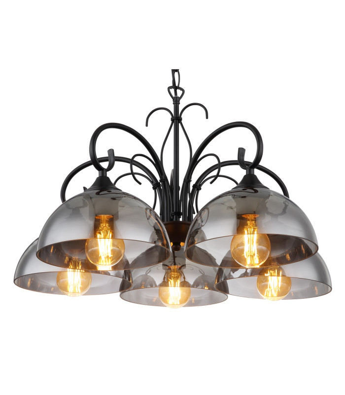 Cottage Multi Arm Pendant Ceiling Light Matt Black Smoke Glass Shade 5x E27-3