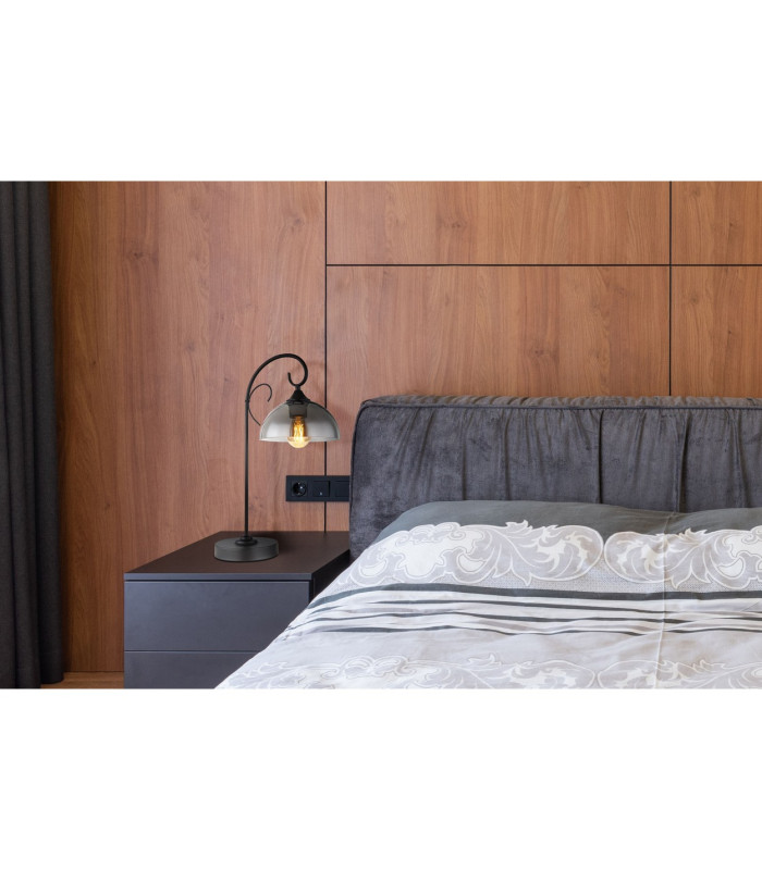 Cottage Bedside Table Lamp Matt Black Smoke Glass Shade 1x E27-7