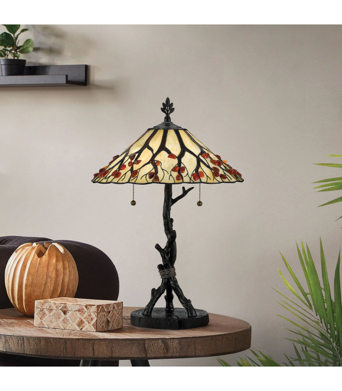 Quoizel Whispering Table Lamp Tiffany Style Valiant Bronze Art Glass Shade 2x E27-2