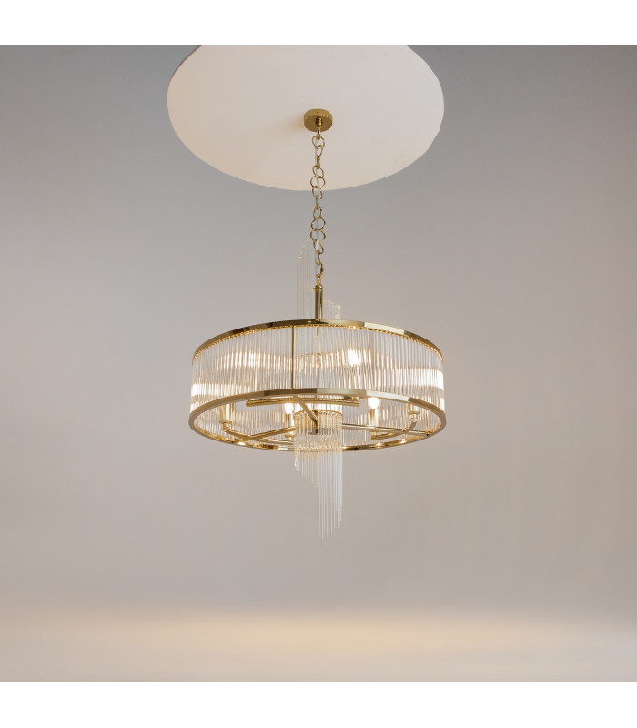 Frame Modern 58cm Cylindrical Pendant Ceiling Light Gold 6xE14 Glass Shade-2