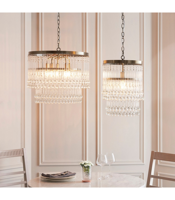 Genevieve Pendant Ceiling Light Antique Brass Plate & Clear Crystal Glass 5x E14-7